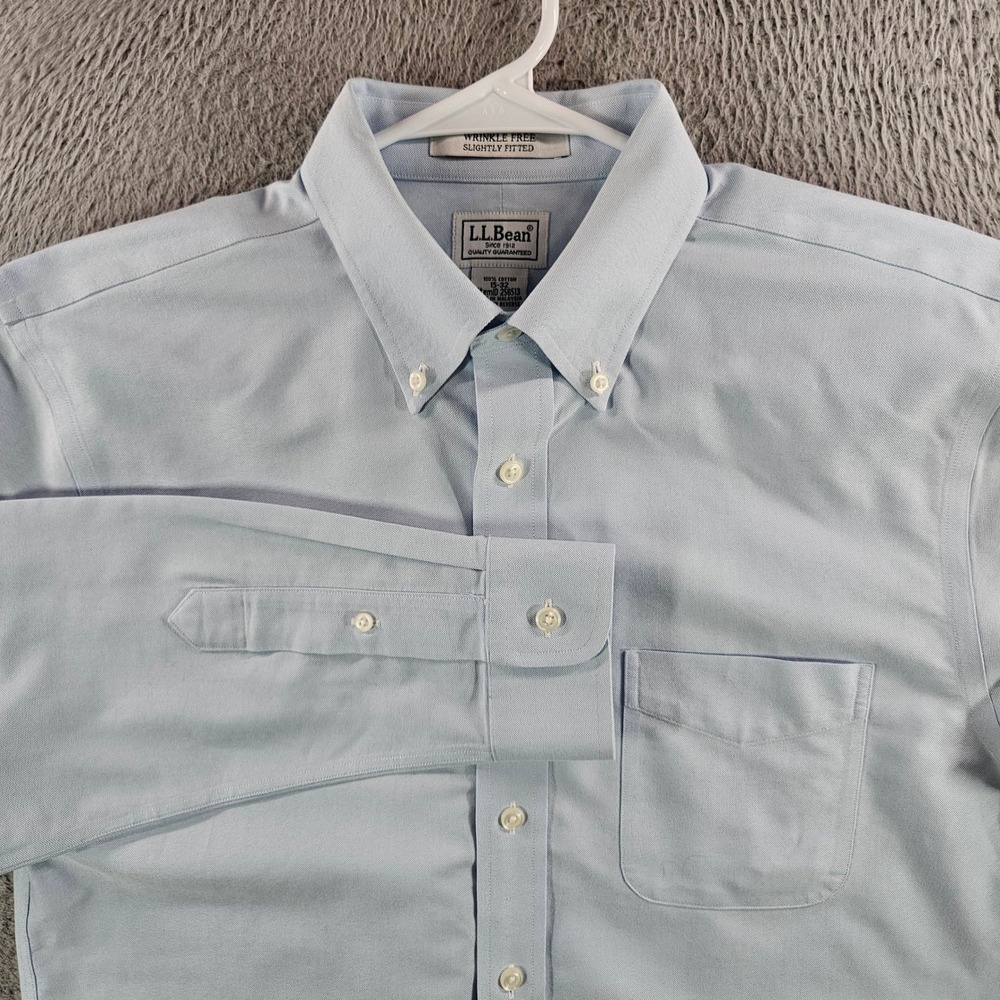 LL Bean Mens 15-32 Slightly Fitted Wrinkle Free Oxford Shirt Light Blue